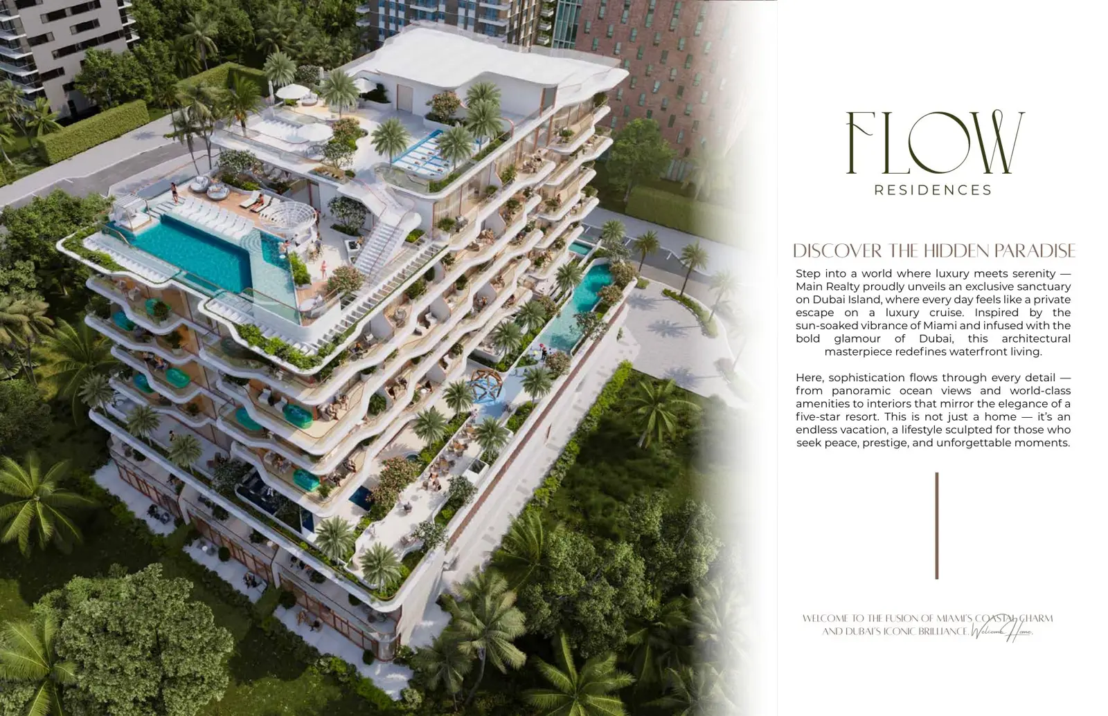 Aerial view of the terraced building and rooftop pool