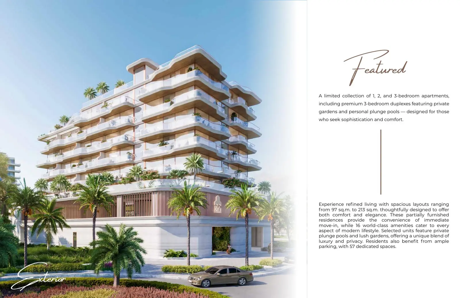 Street view of the building facade with palms