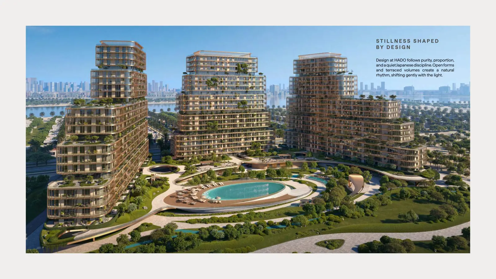 Three terraced towers around a pool and gardens