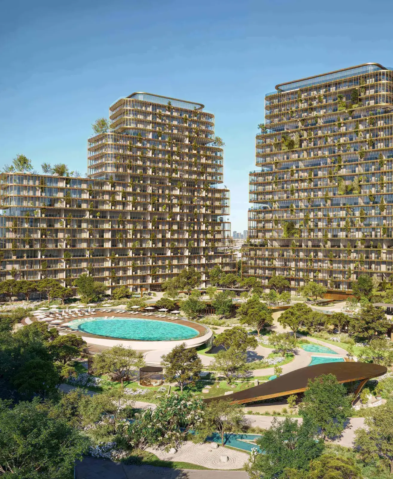 Two towers above pool deck and garden paths