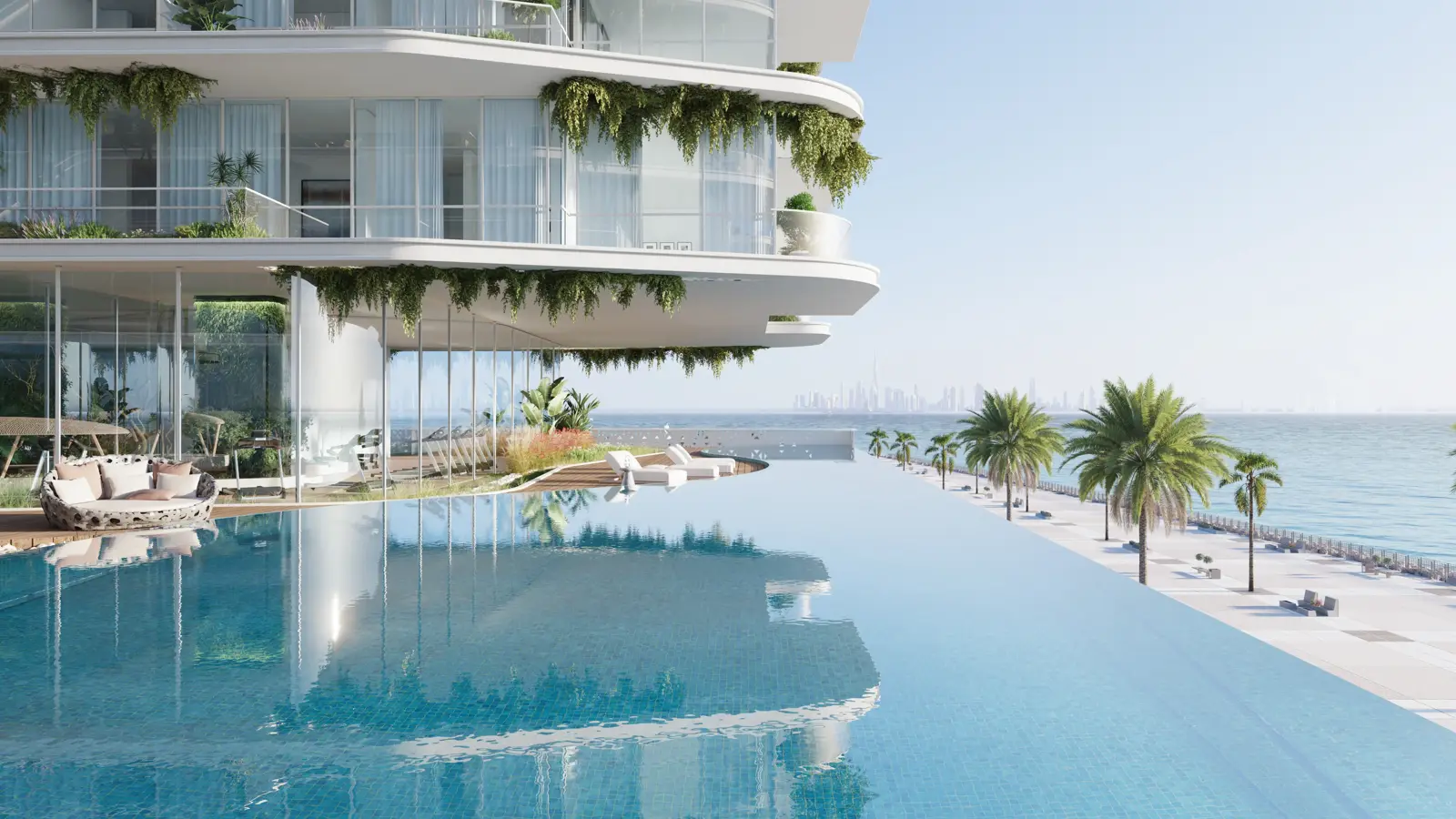 Infinity pool beside the tower terraces and beach