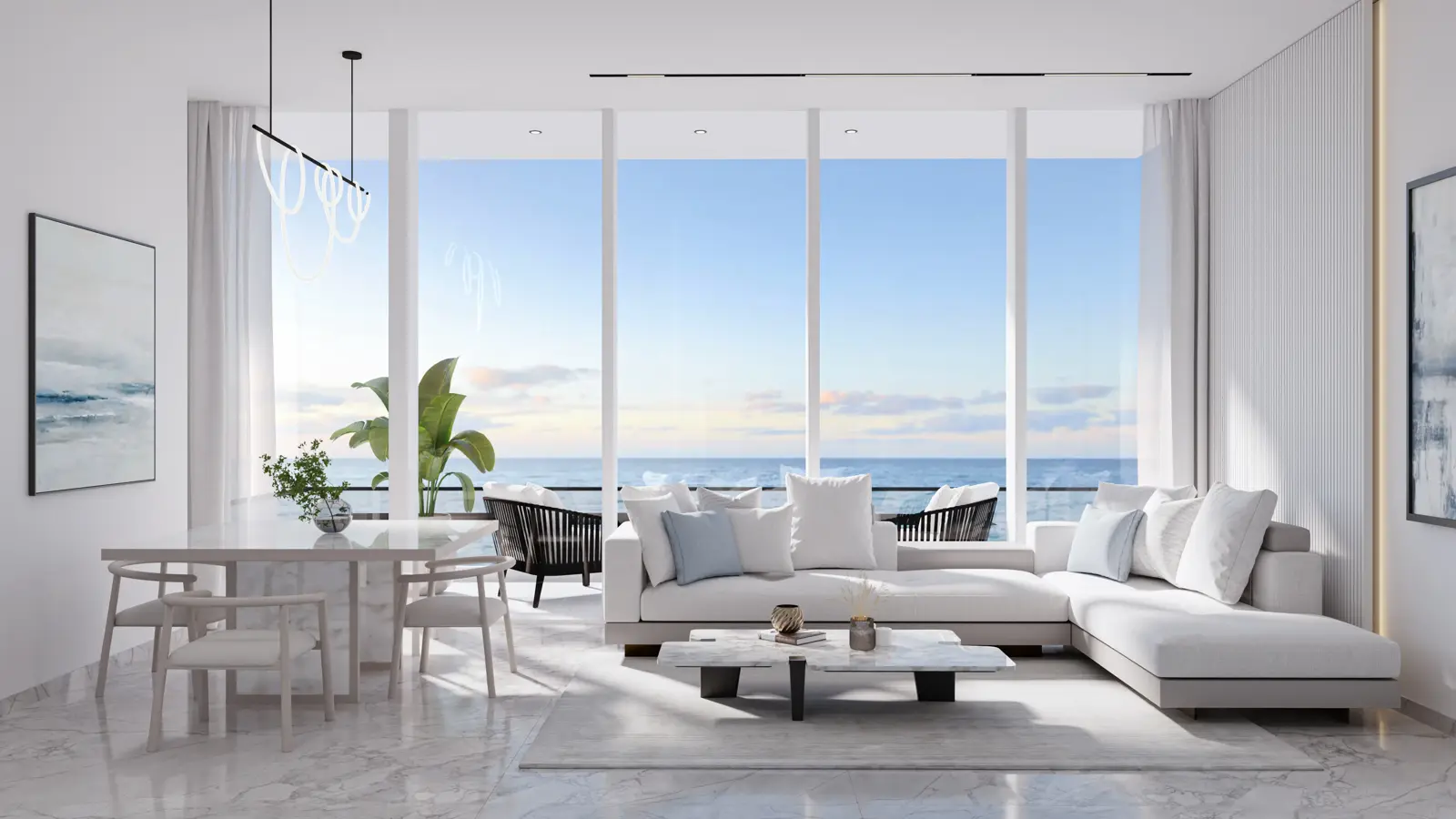 Living room with sea view through glass walls