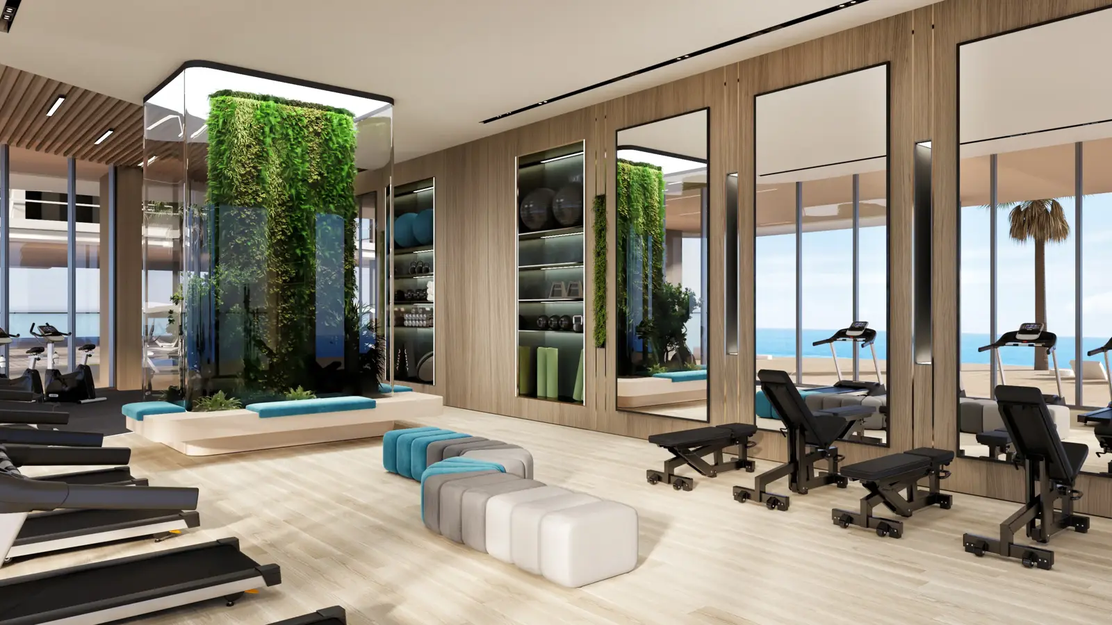 Health club gym with green planted feature