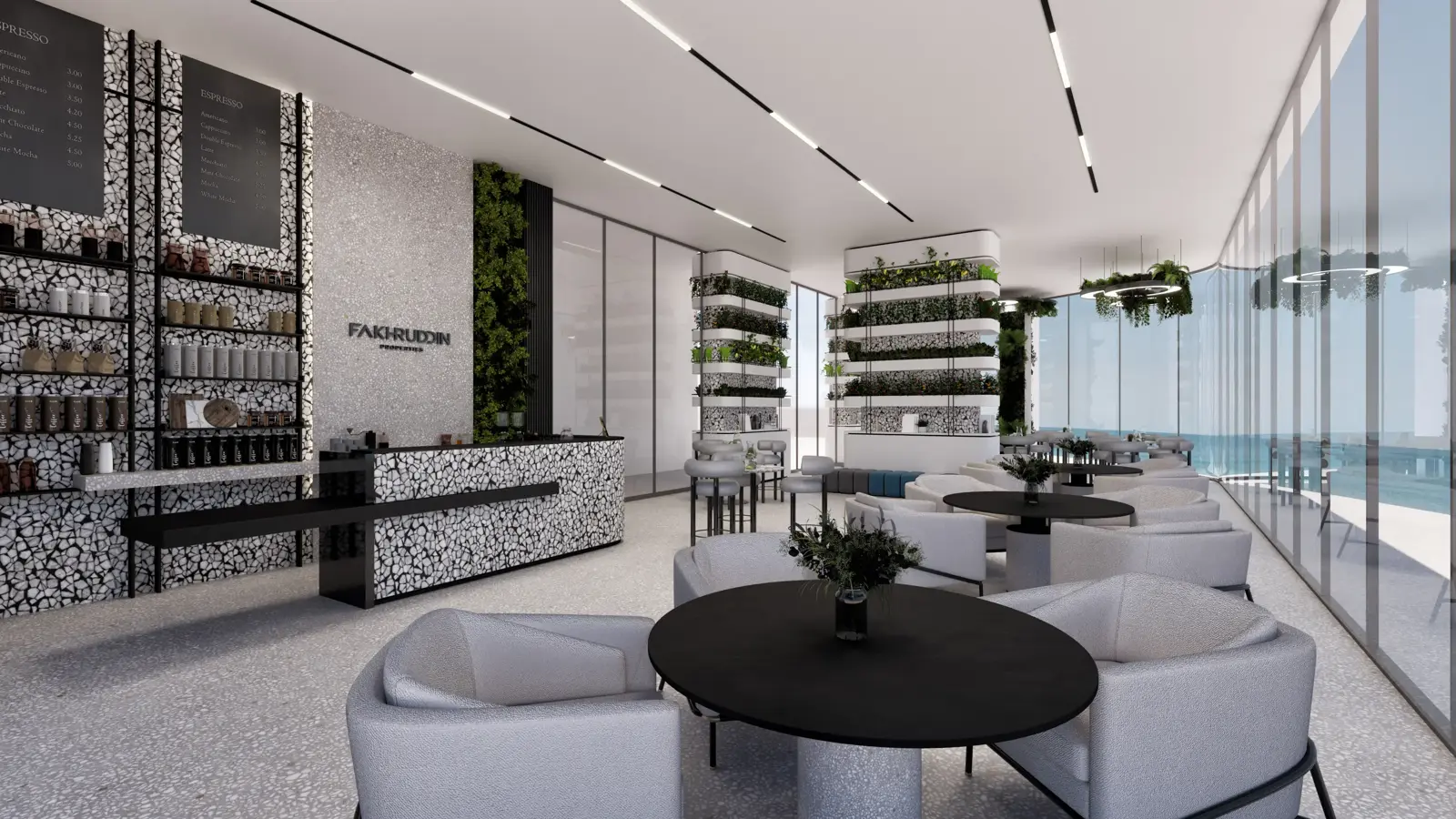 Cafe and lounge with sea-facing glass wall