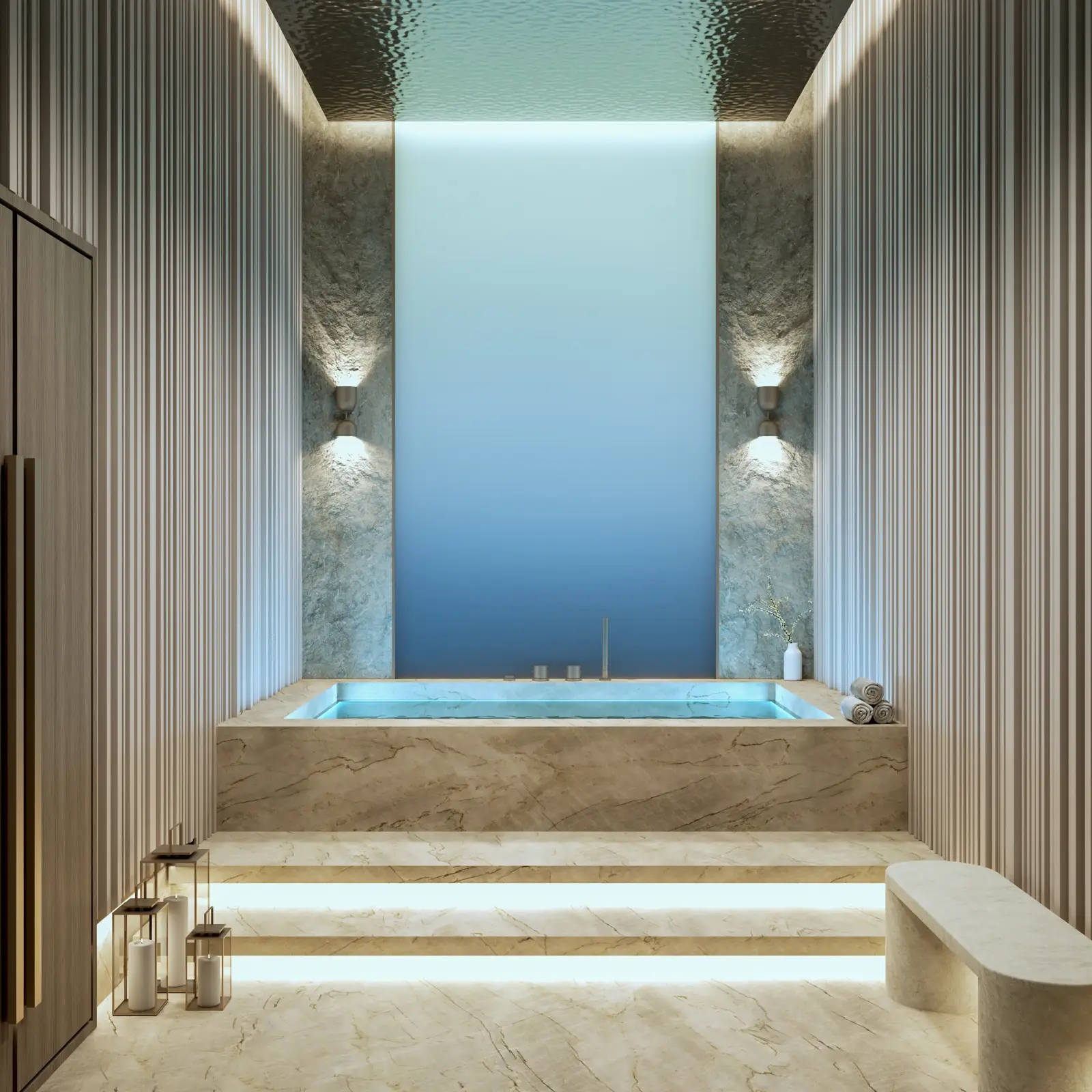 Spa plunge bath with stone walls and blue light