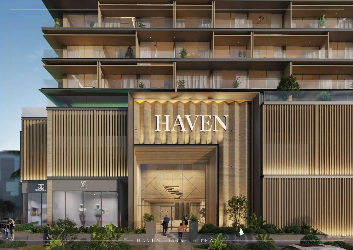 Tower entrance with Haven sign and shopfronts