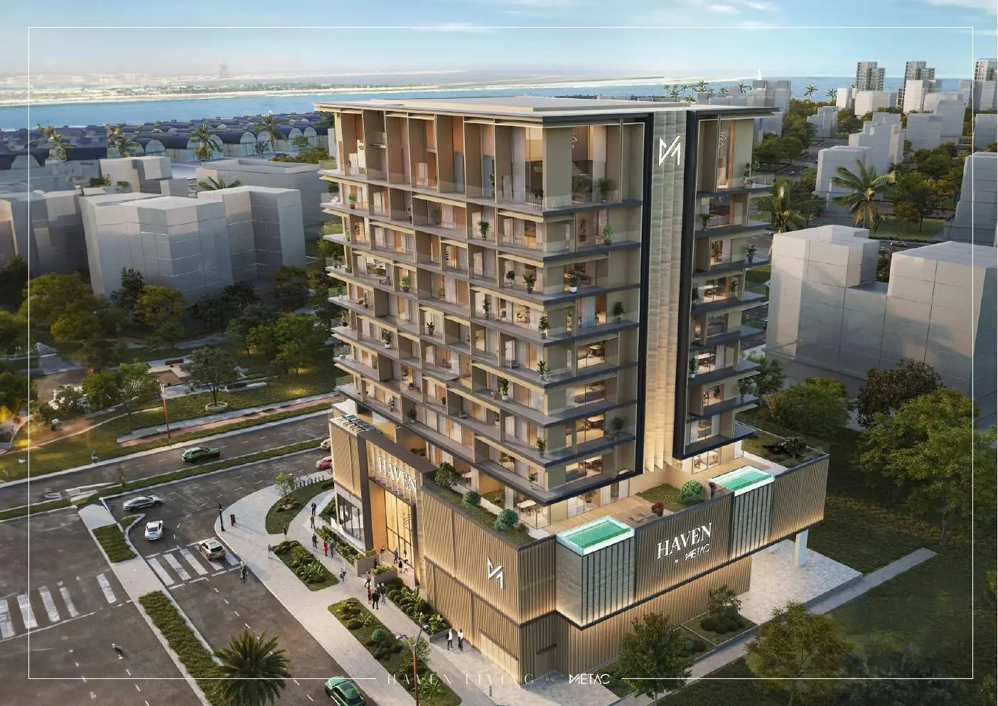 Aerial view of the tower with rooftop pools