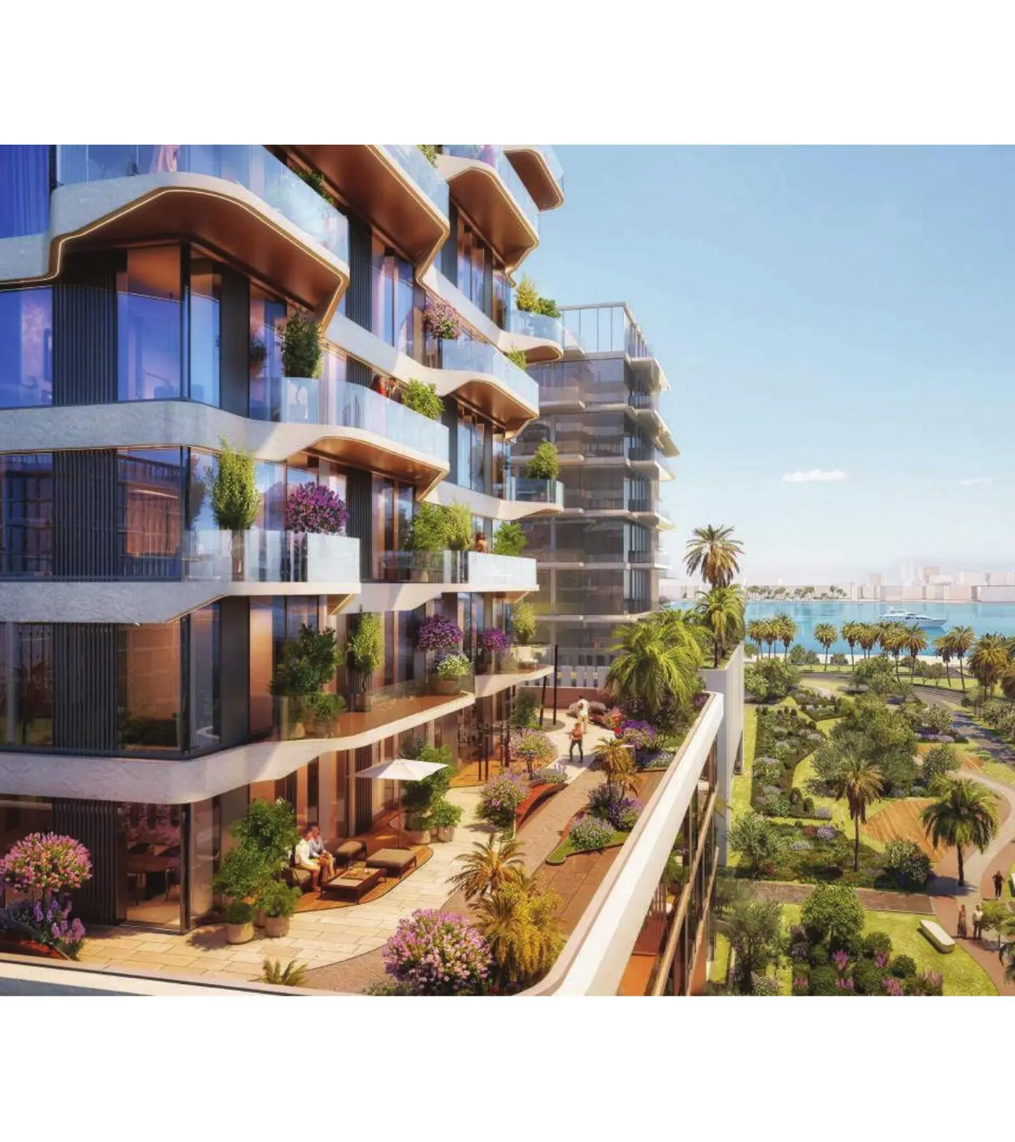 Terraced balconies with planting above park and sea