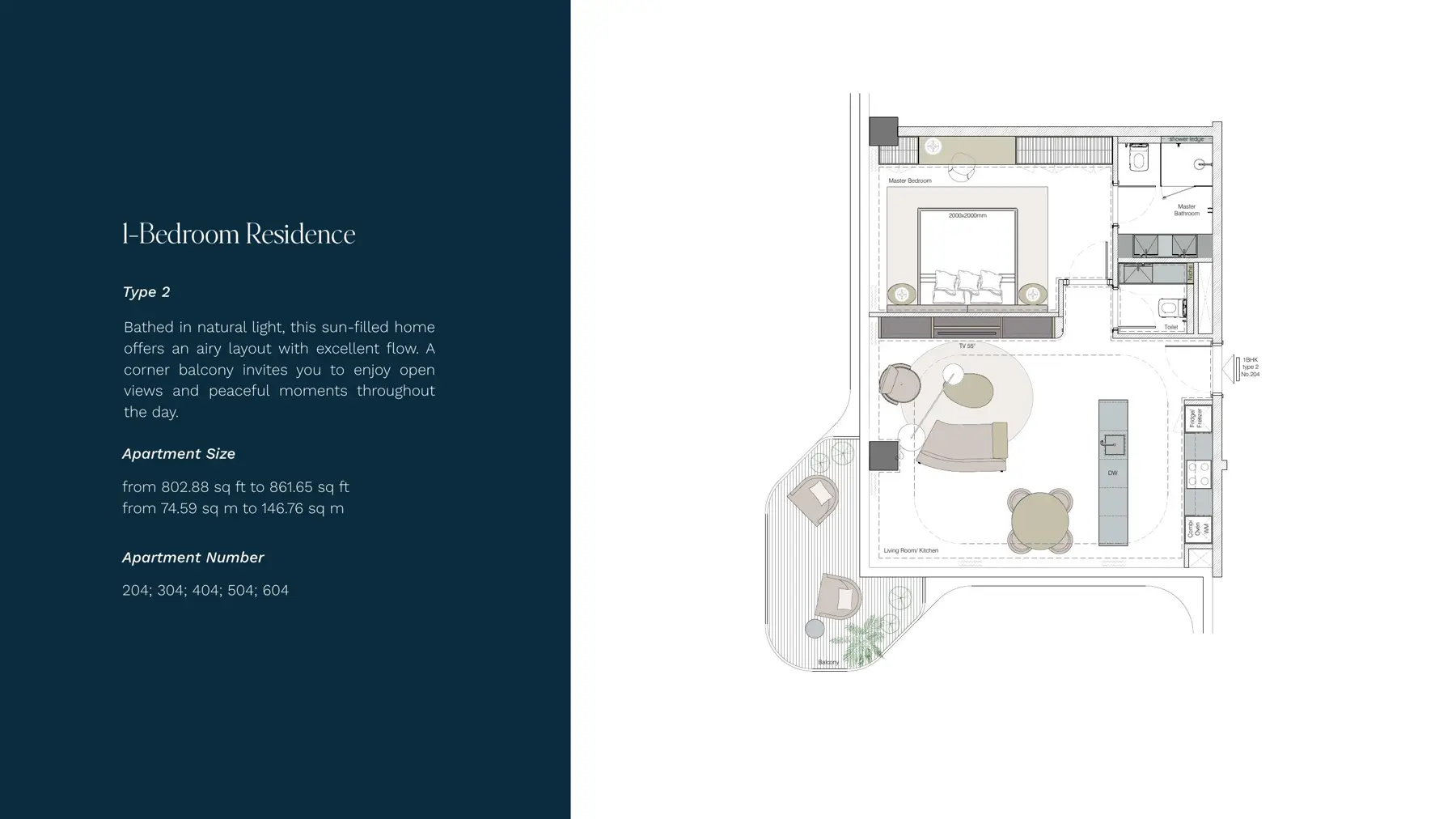 1-bedroom residence type 2 with corner balcony