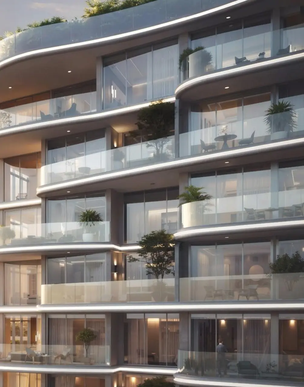 Curved glass balconies at sunset over the water