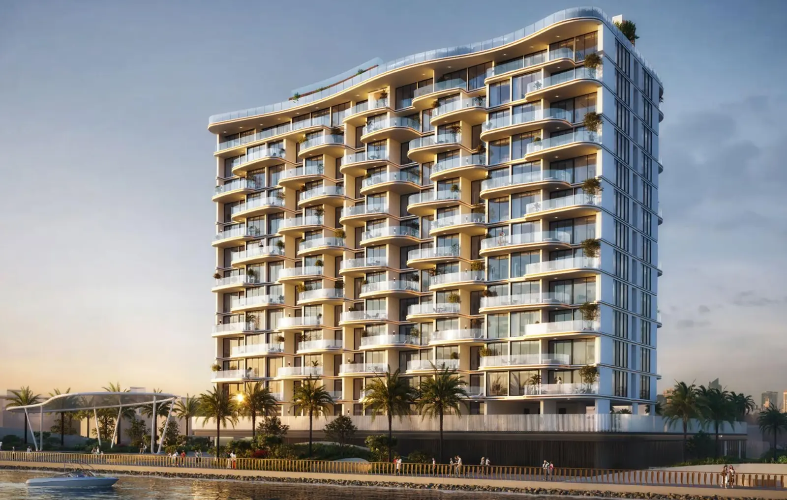 Full tower with wavy balconies on the waterfront