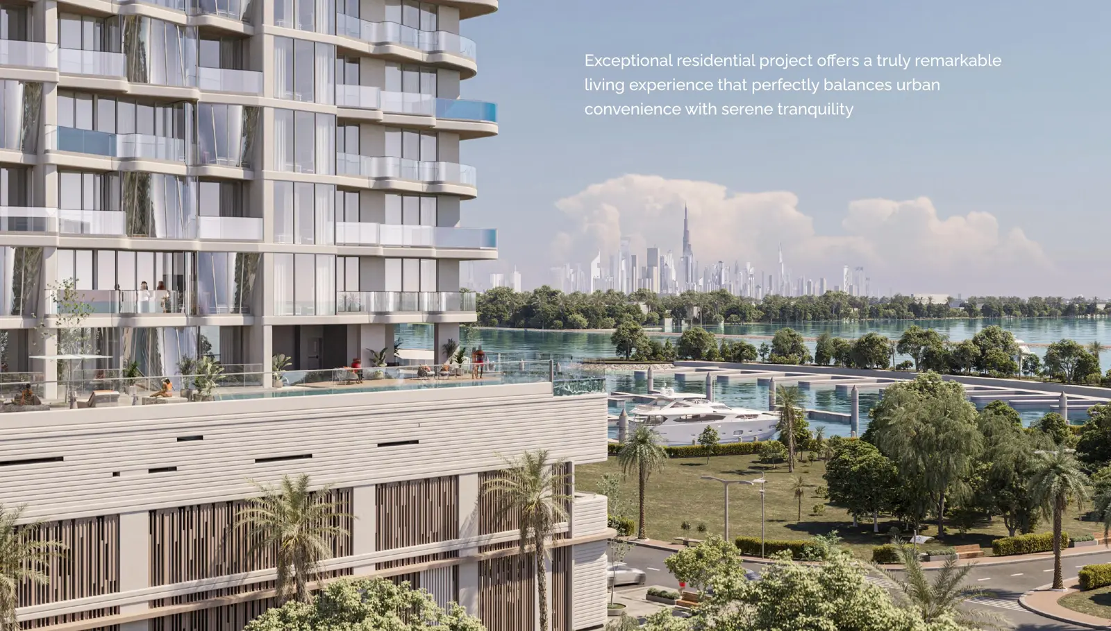 Tower with balconies and skyline view across the water