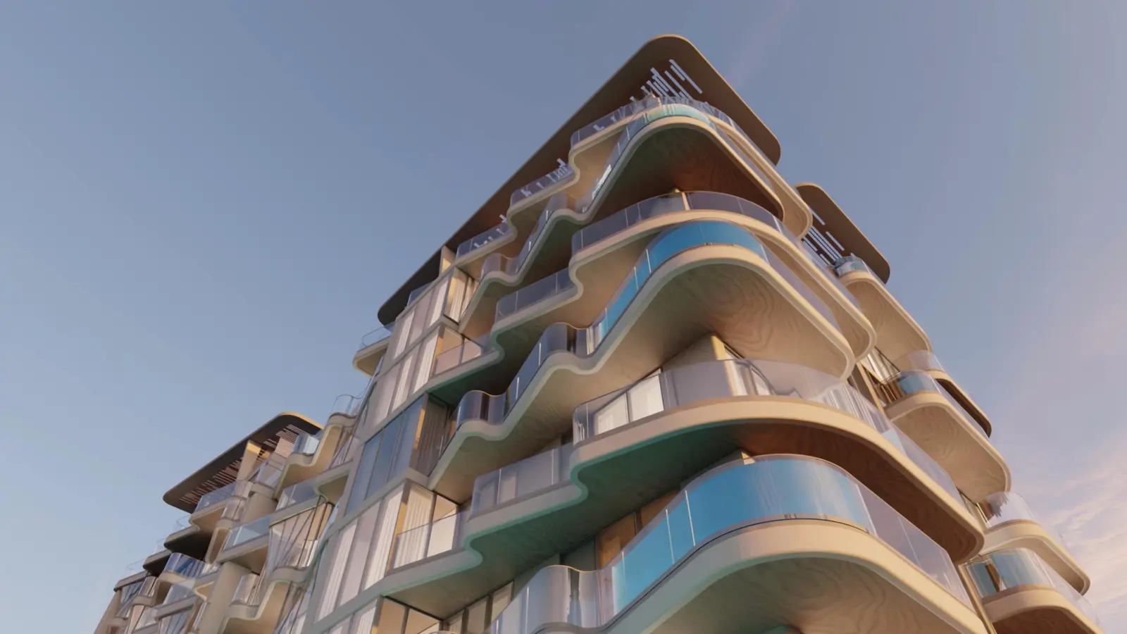 Low-angle view of the curved balconies