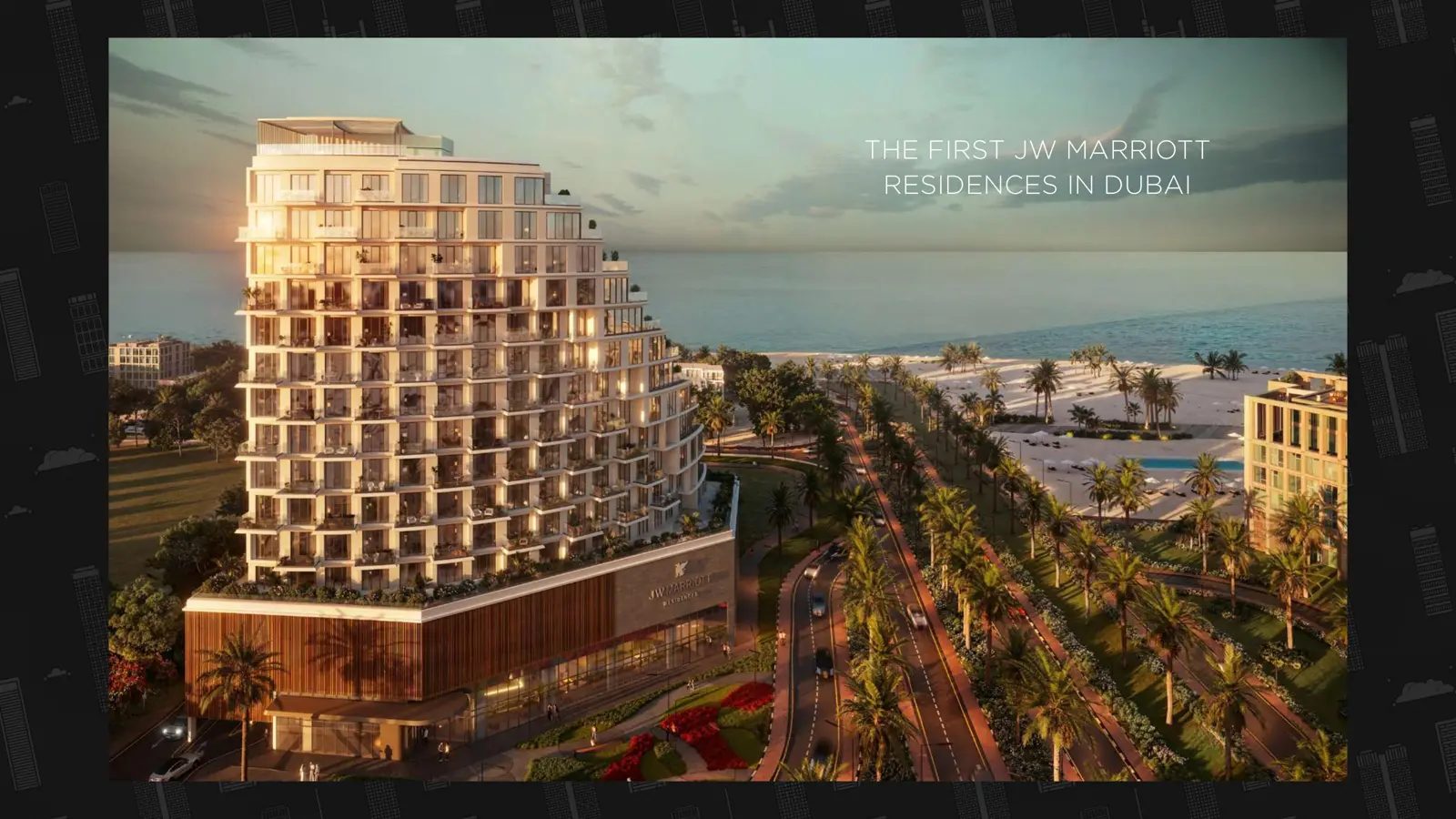 Tower with tapered terraces and podium beside the beach