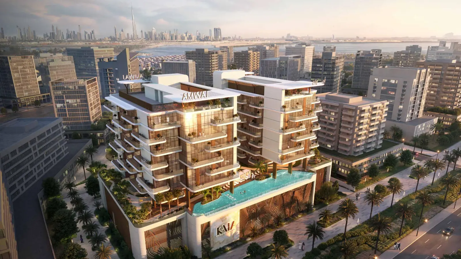 Aerial view of both buildings with infinity pool deck
