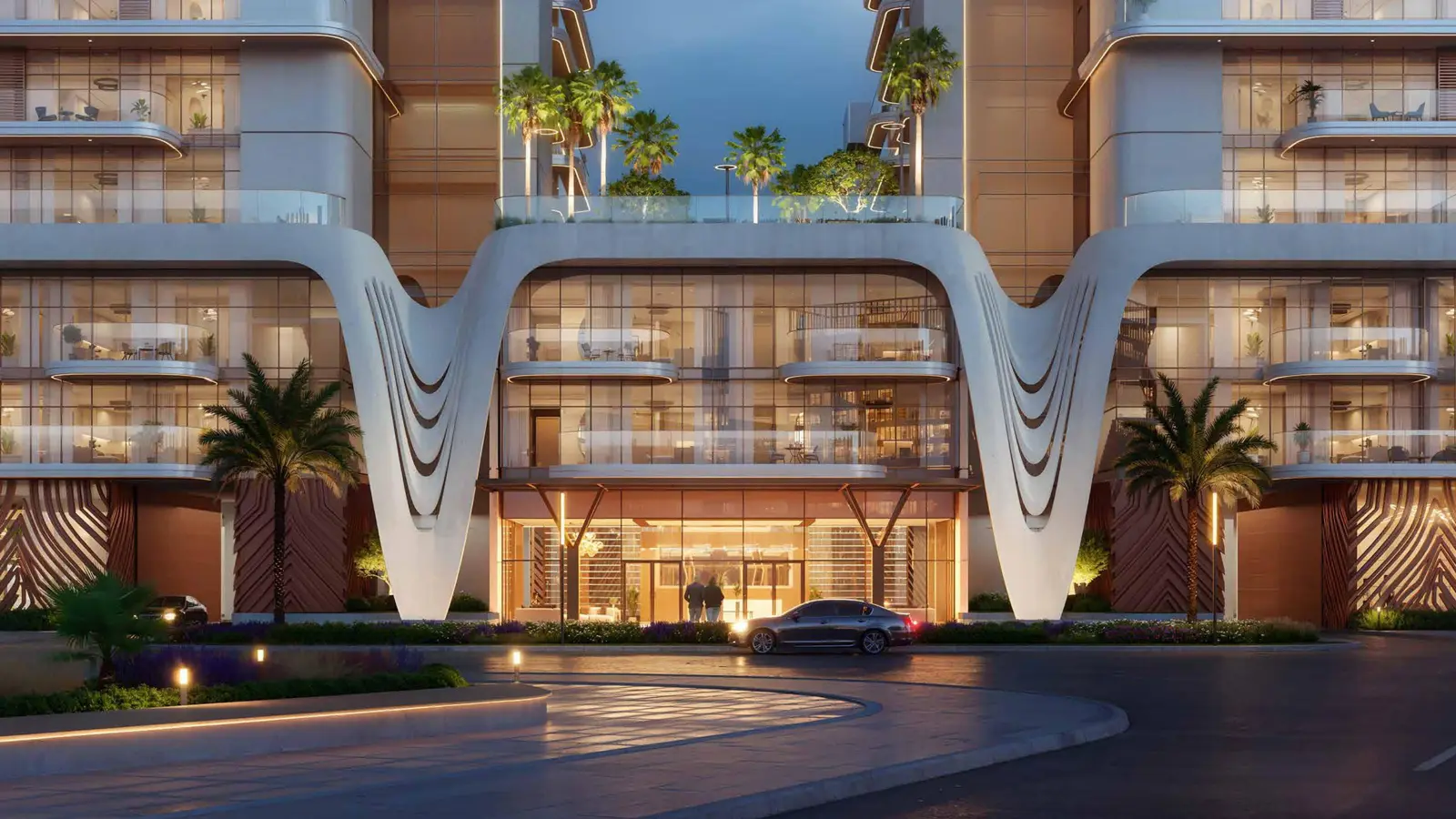 Entrance with wave-shaped white arches at dusk