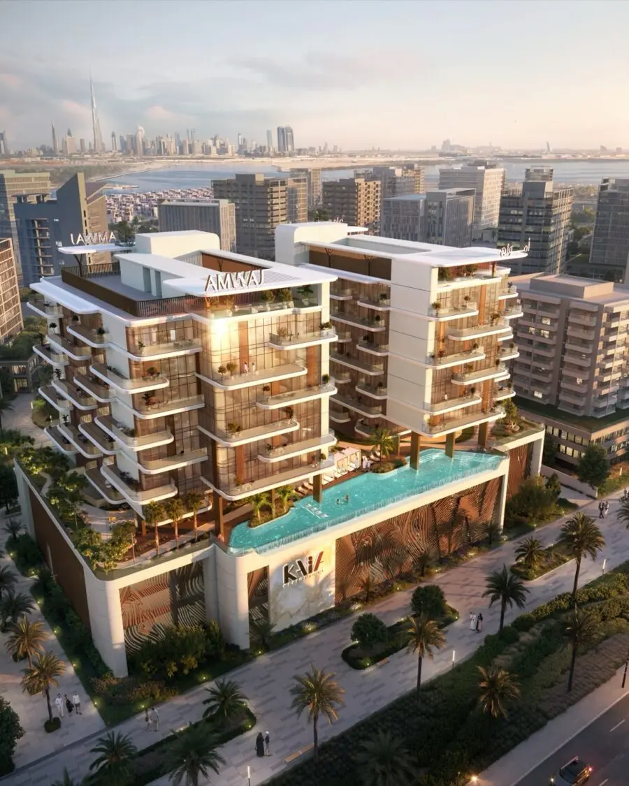 Aerial view of the project with skyline behind