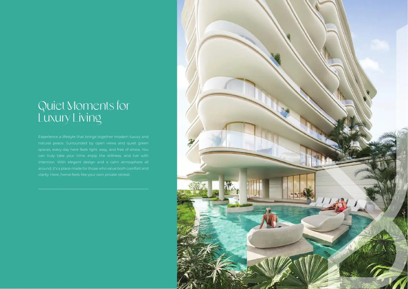 Curved tower facade above a lagoon pool