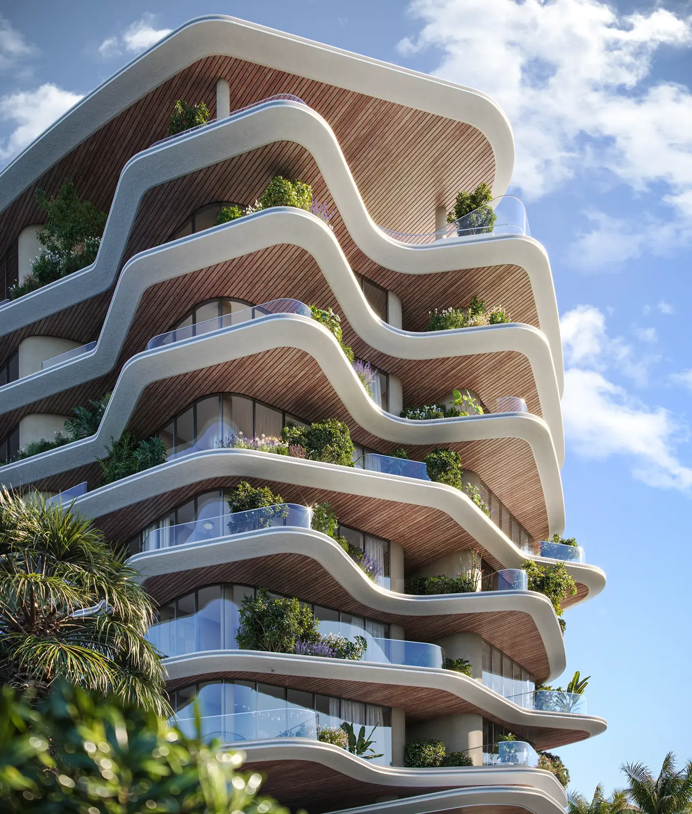 Close view of wavy balconies with timber soffits