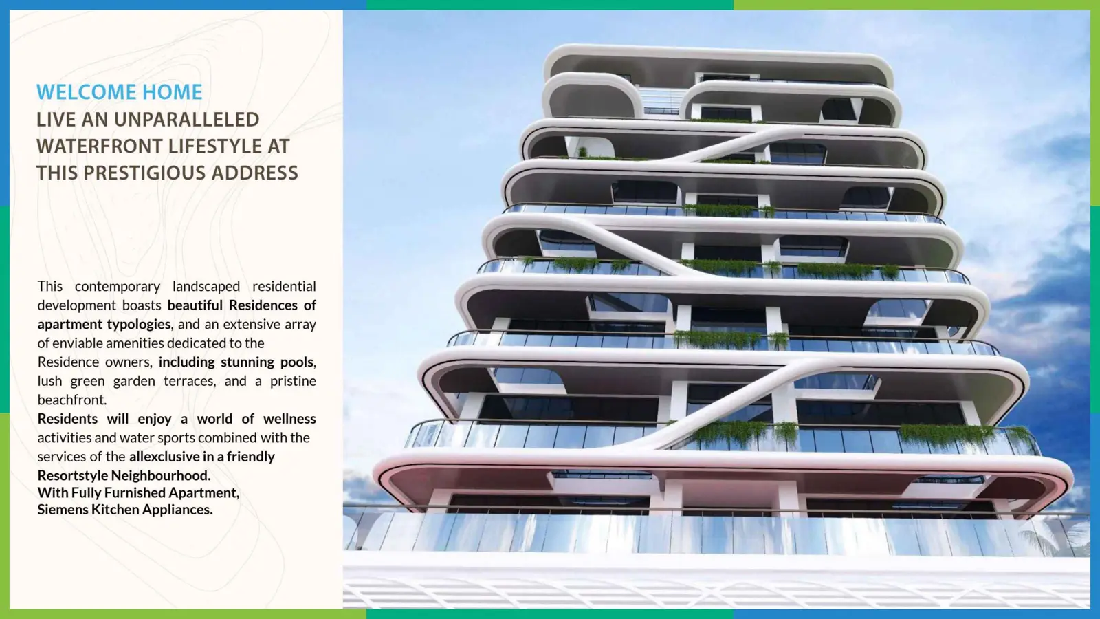 Tower facade with stacked curved balconies and planting