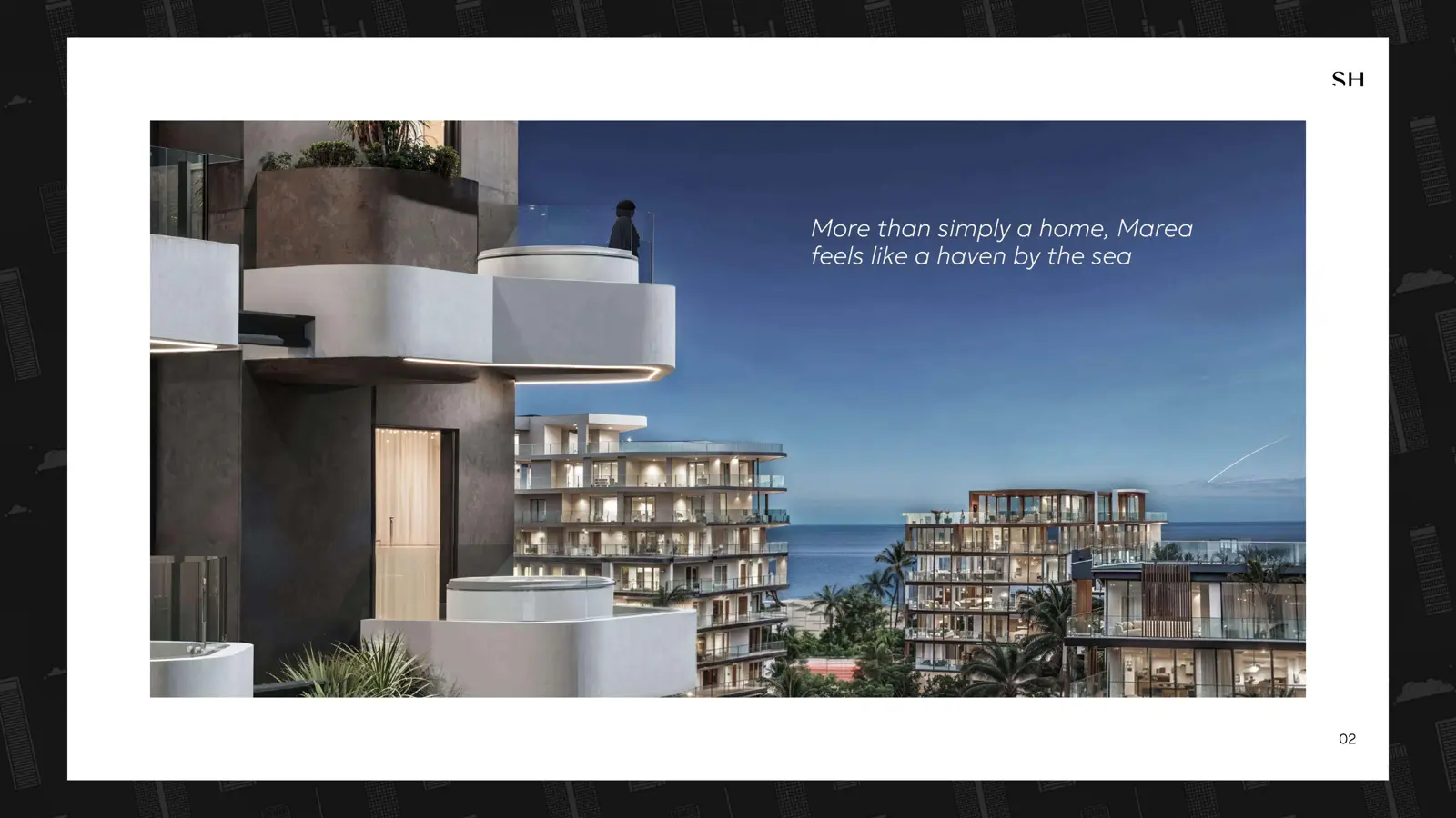 Curved balconies with jacuzzis and sea view at dusk