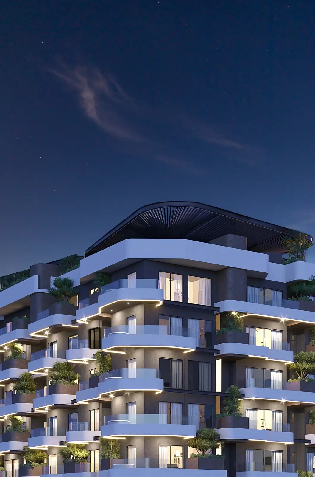 Tiered curved balconies with planters at night