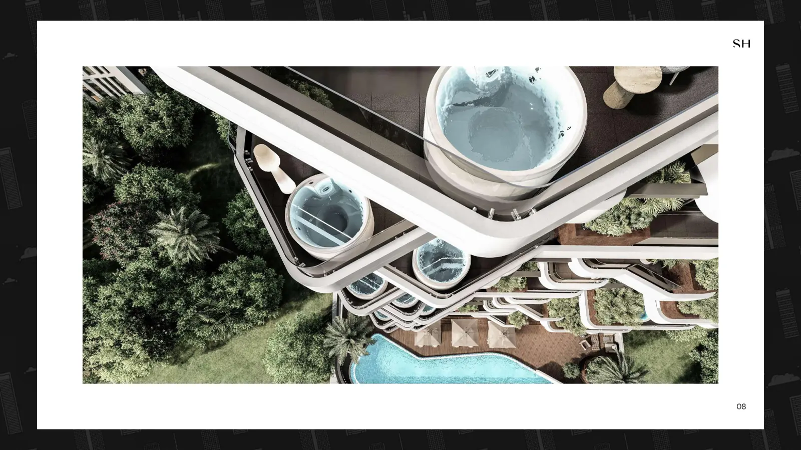 Aerial view of terraced balconies with jacuzzis and pool