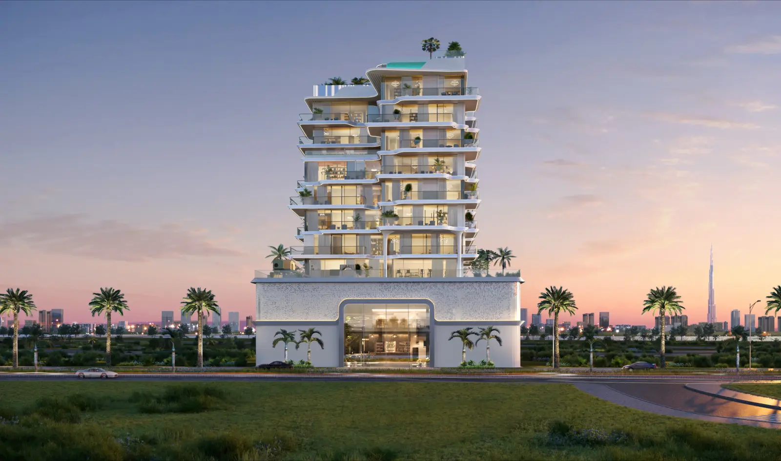 Low-rise tower at dusk seen from the front