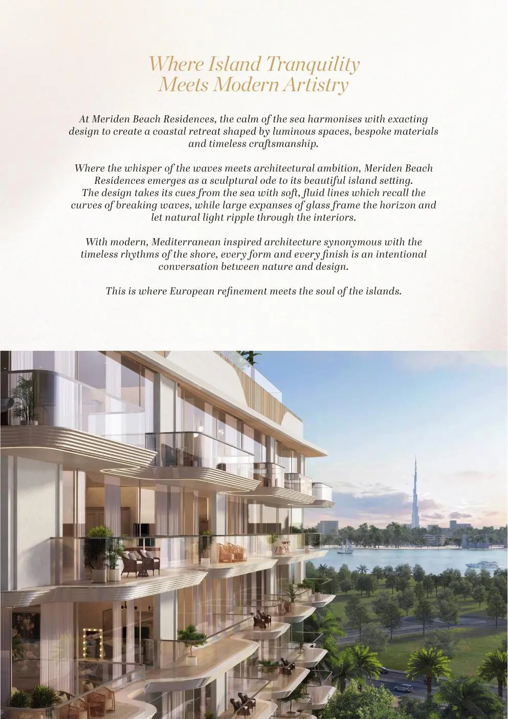 Brochure page with curved balconies and Burj Khalifa view