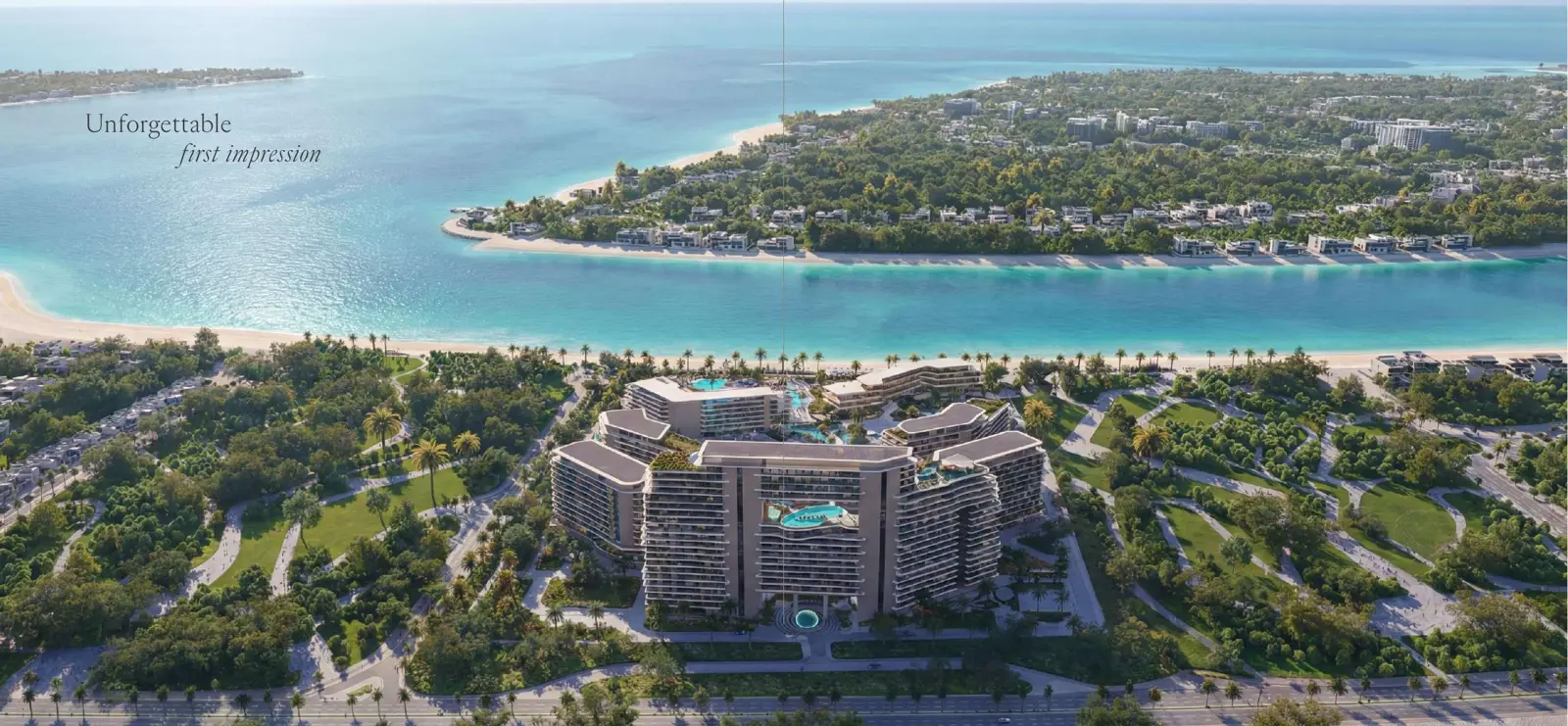 Aerial view of the buildings, gardens and island coast