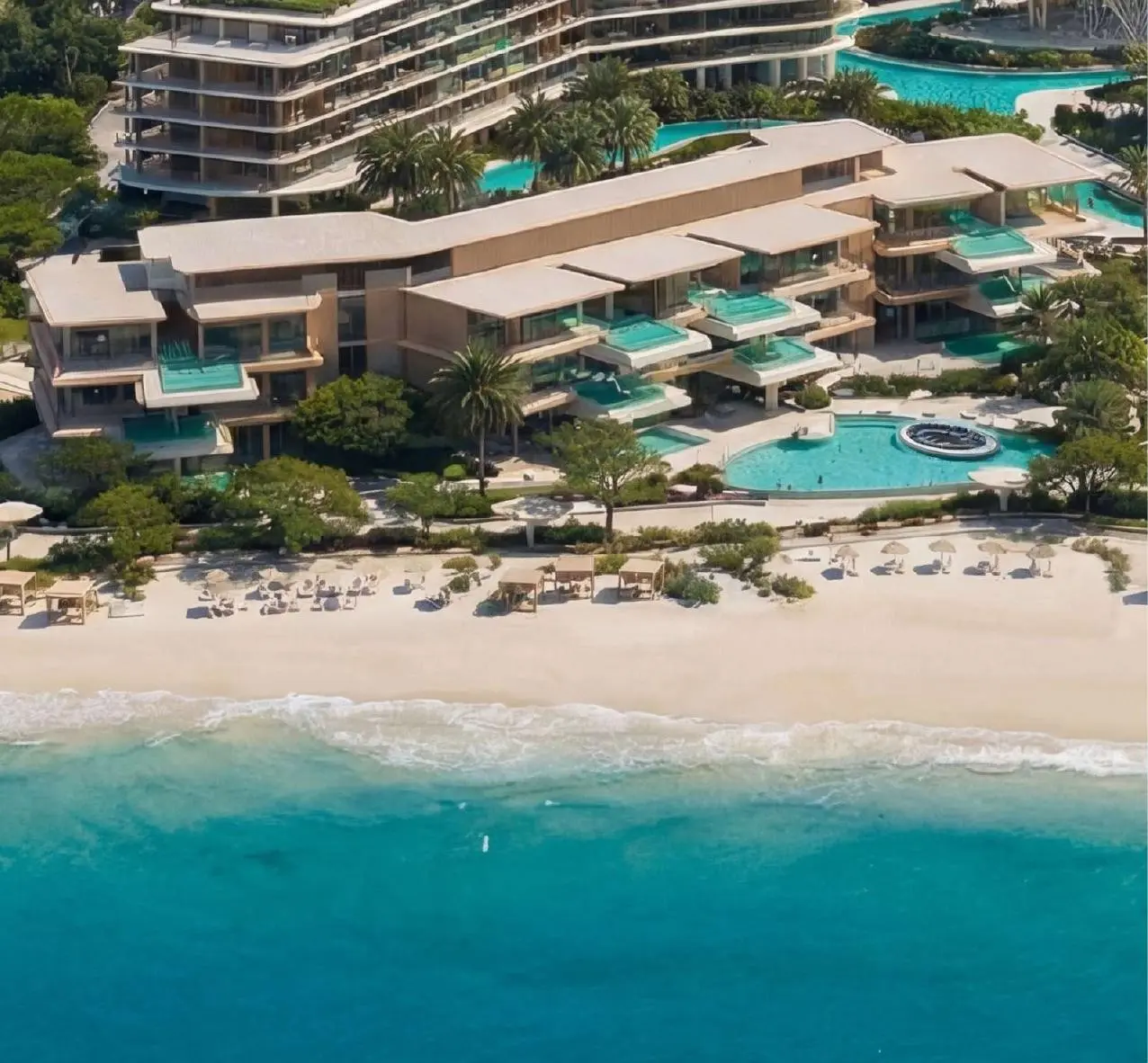 Aerial view of terraced buildings, pools and beach