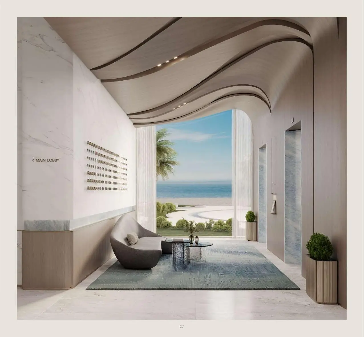 Main lobby with curved ceiling and sea view