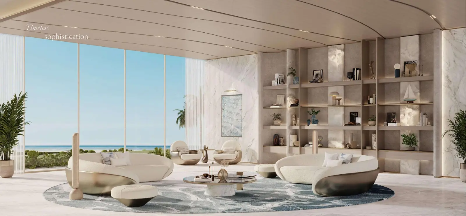 Lounge with curved sofas and shelving facing the sea