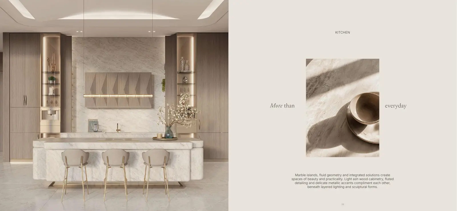 Kitchen with marble island and wood cabinetry