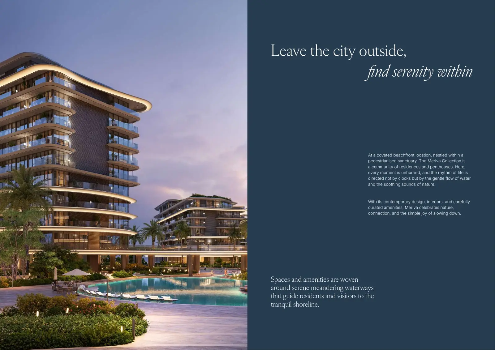 Curved towers at dusk above the lagoon pool