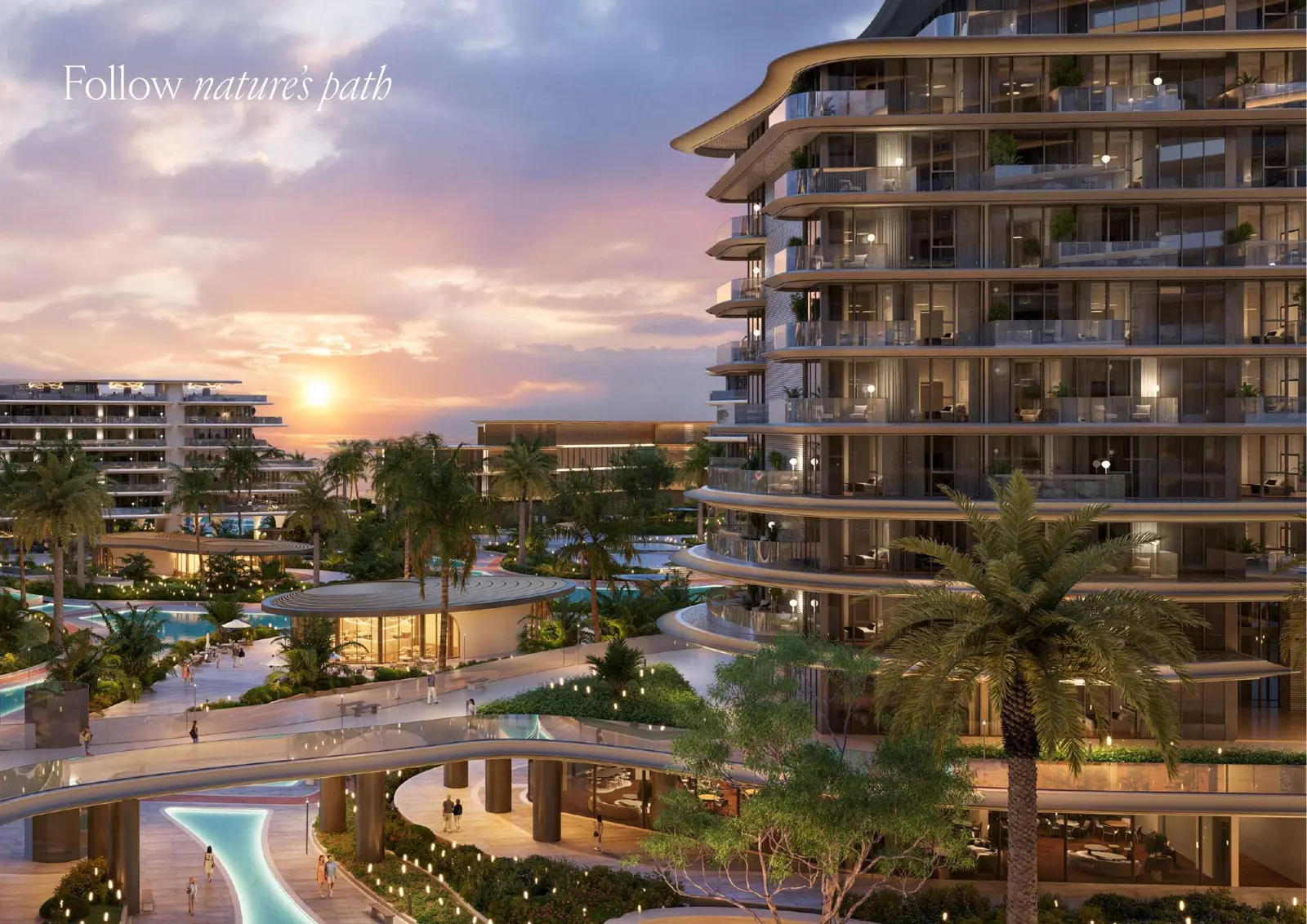 Curved tower with sunset over waterways and pavilions