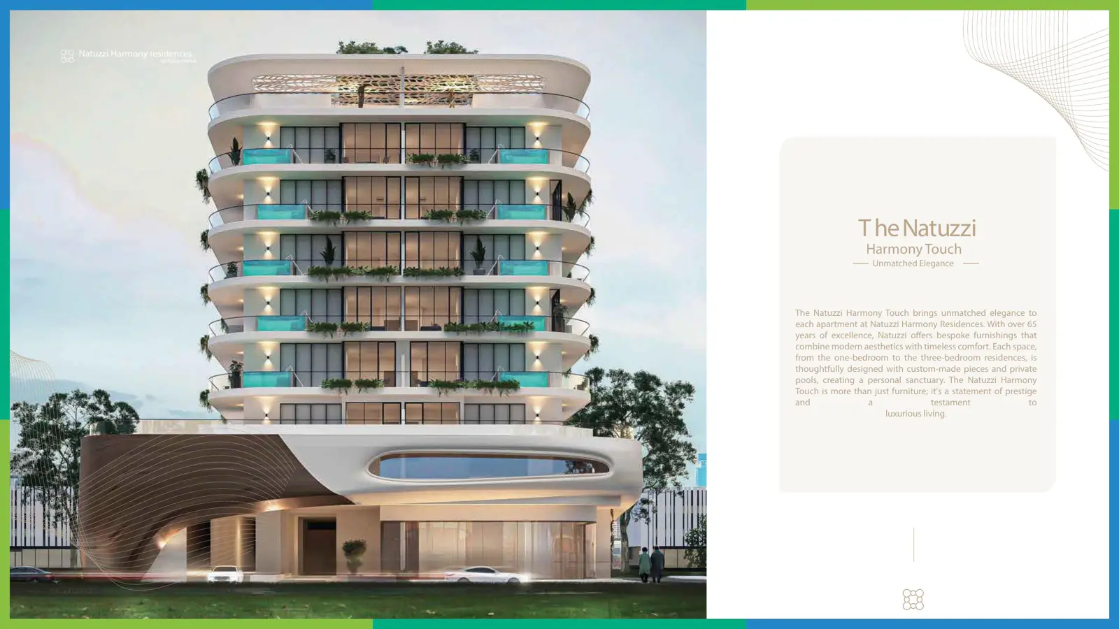 Tower facade with curved terraces and glass pools