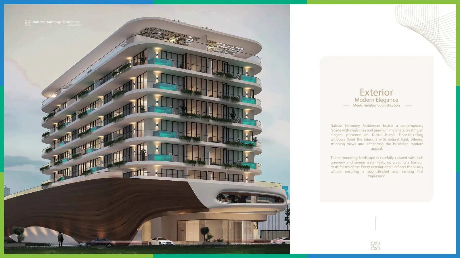 Full tower view at dusk with curved terraces
