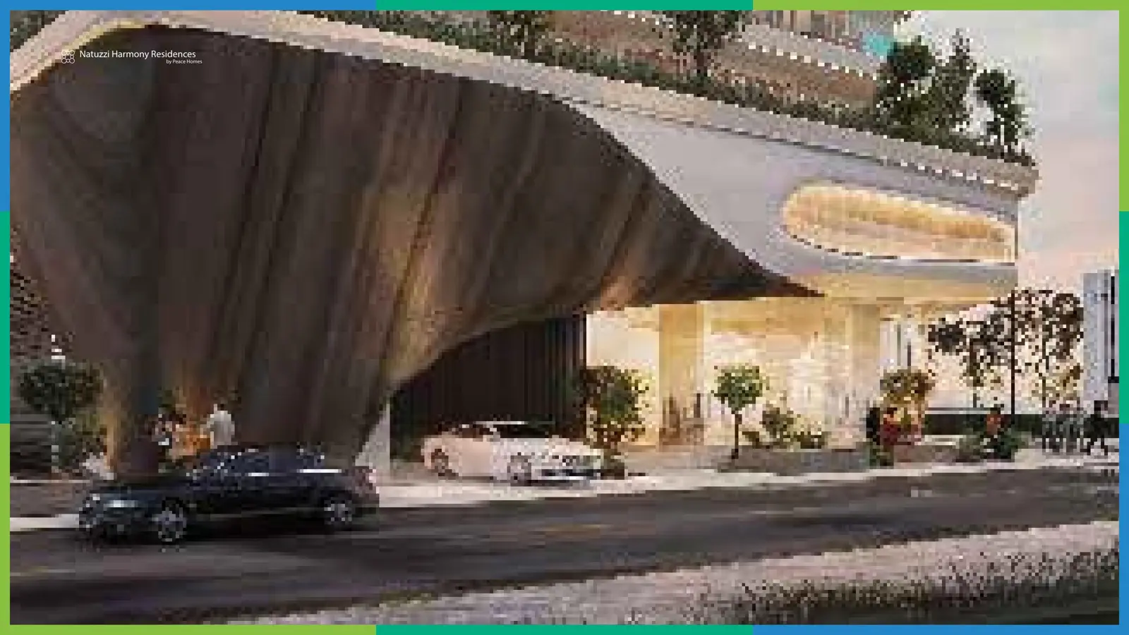 Curved entrance canopy with cars at street level