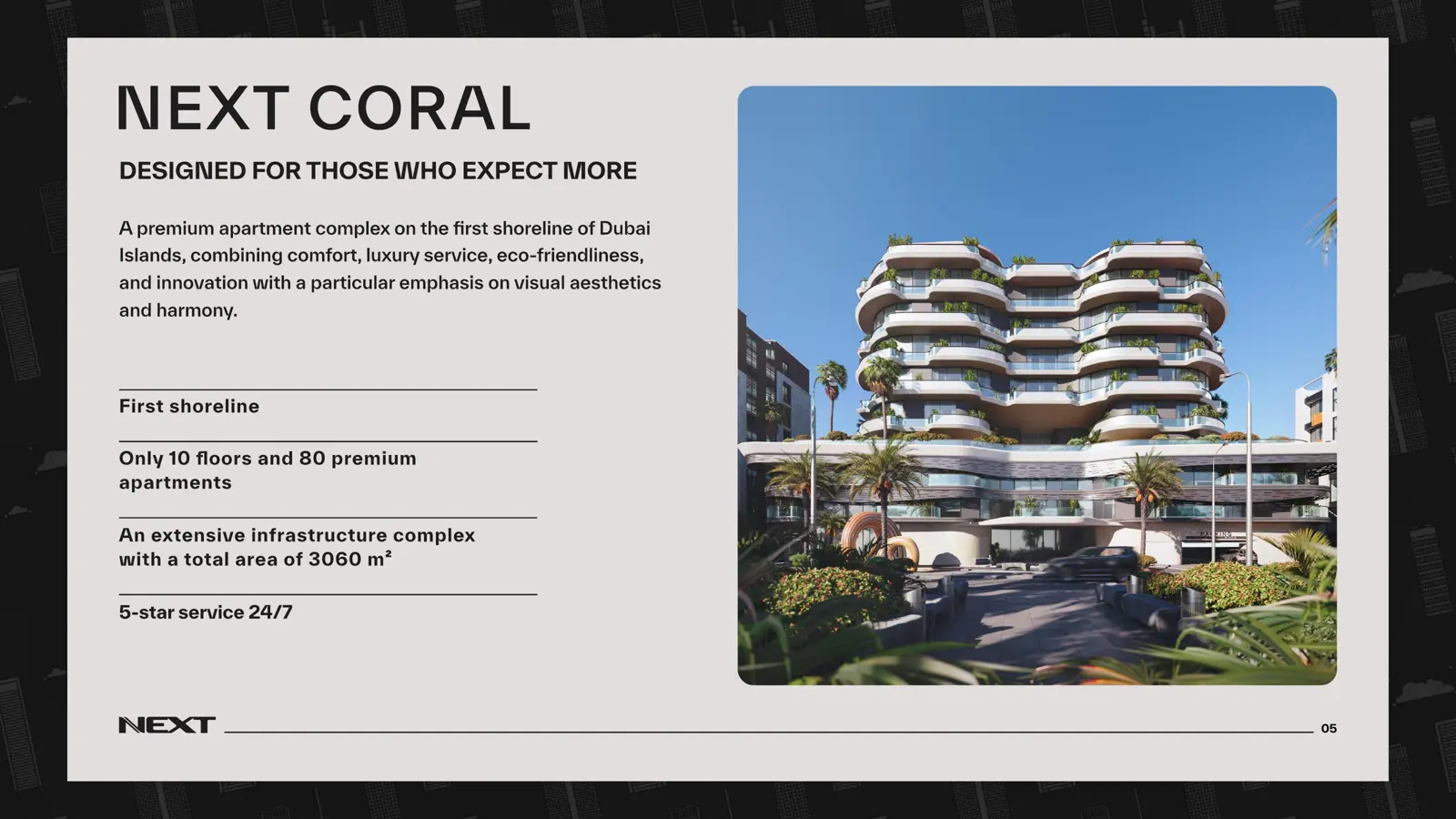 Cascading terraced building with palms at the entrance