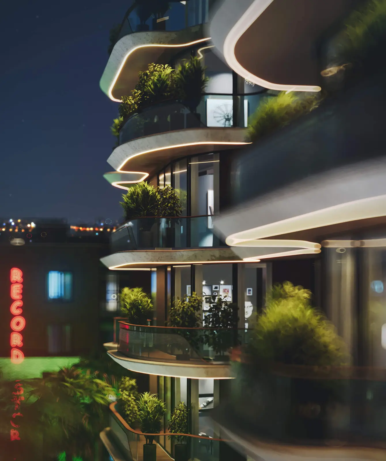Night view of lit, planted curved balconies