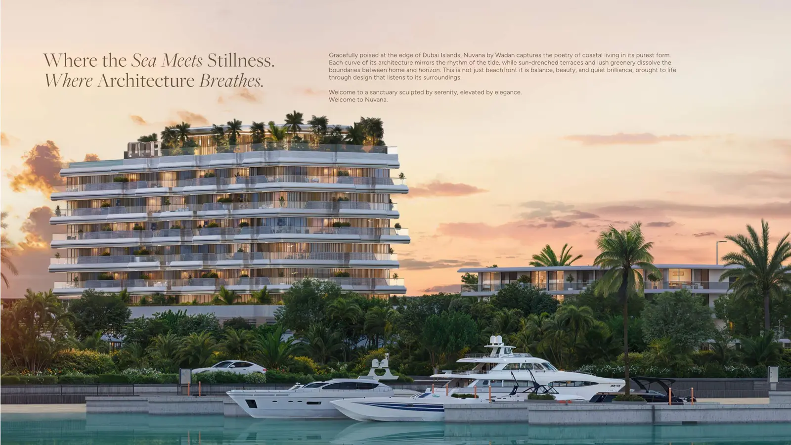 Terraced tower beside a marina at sunset