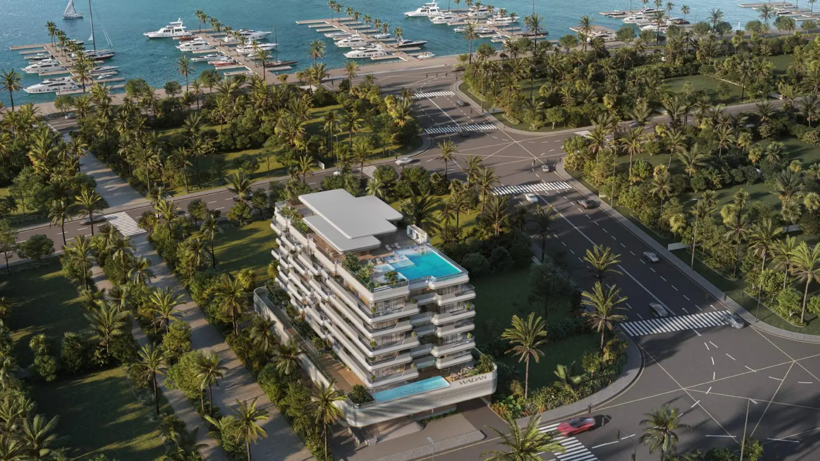 Aerial view of the building with rooftop pool