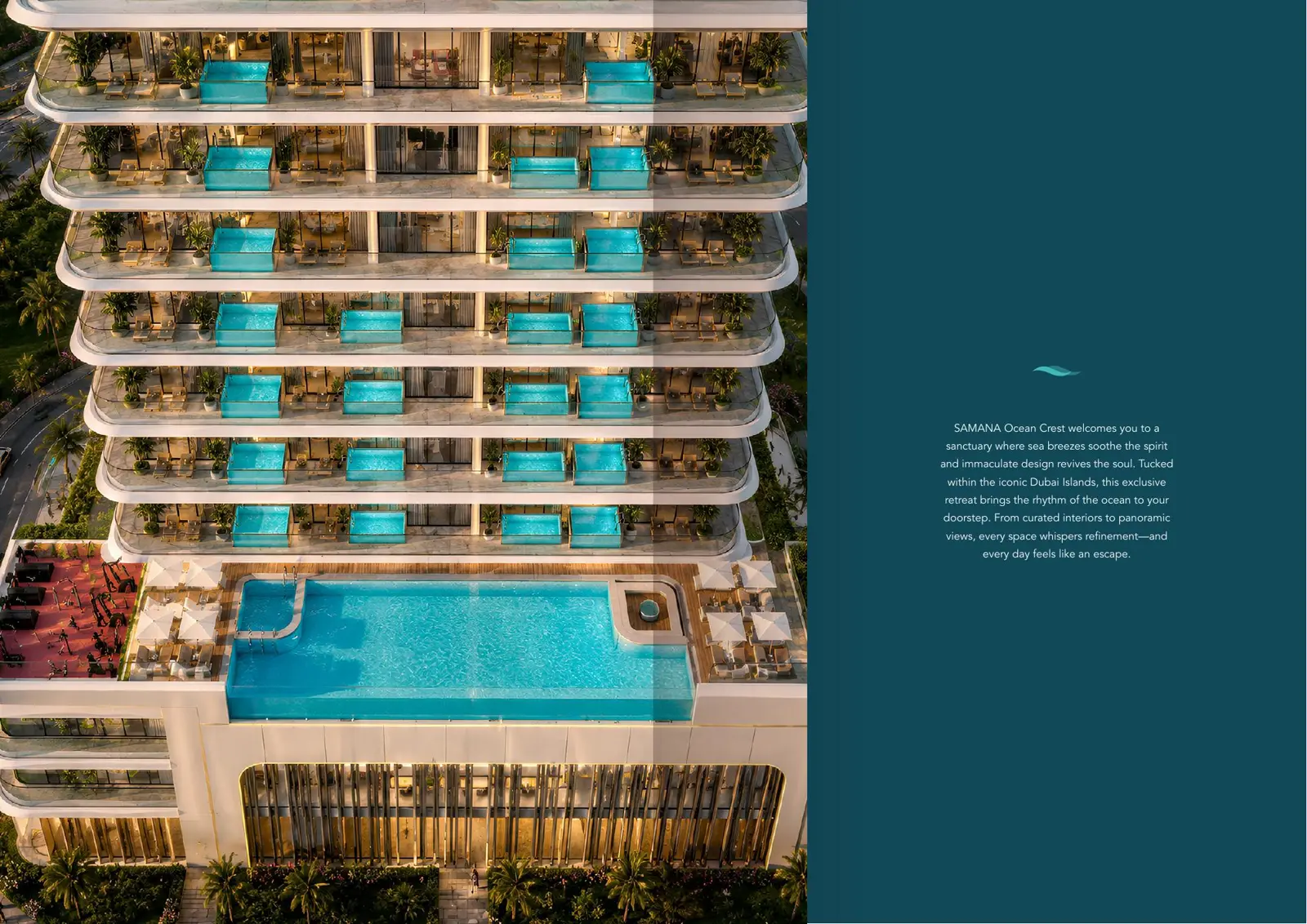 Facade with private pool balconies above the podium infinity pool
