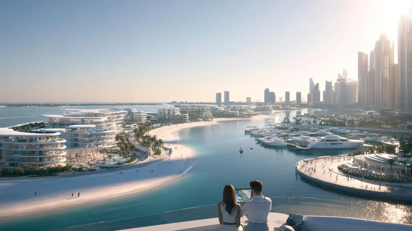 Waterfront and marina view toward Dubai skyline