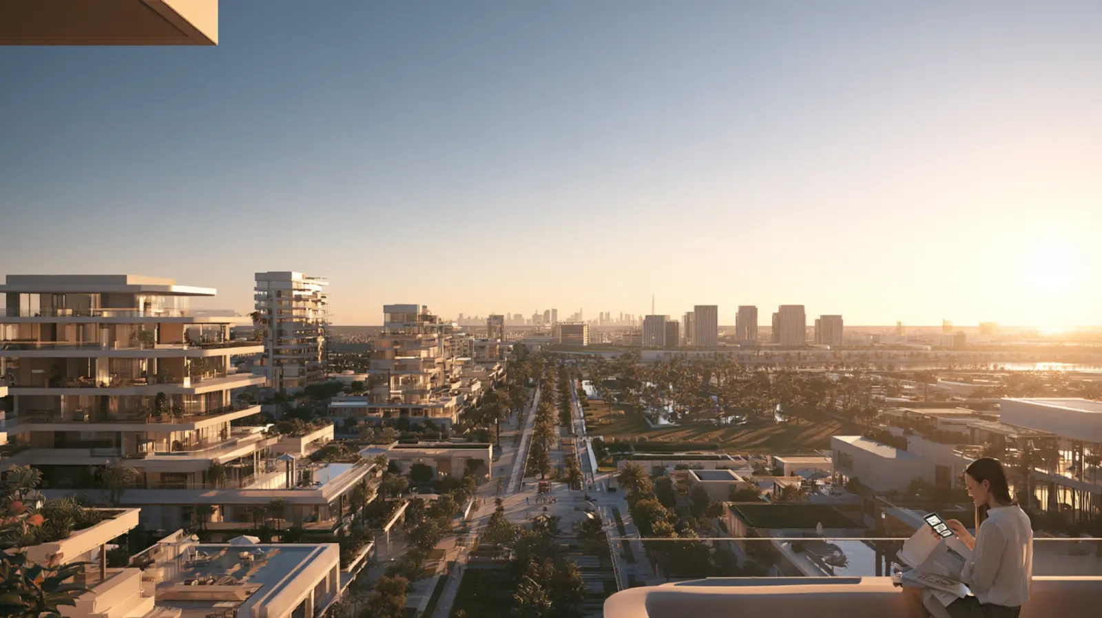 Community view from balcony at sunset