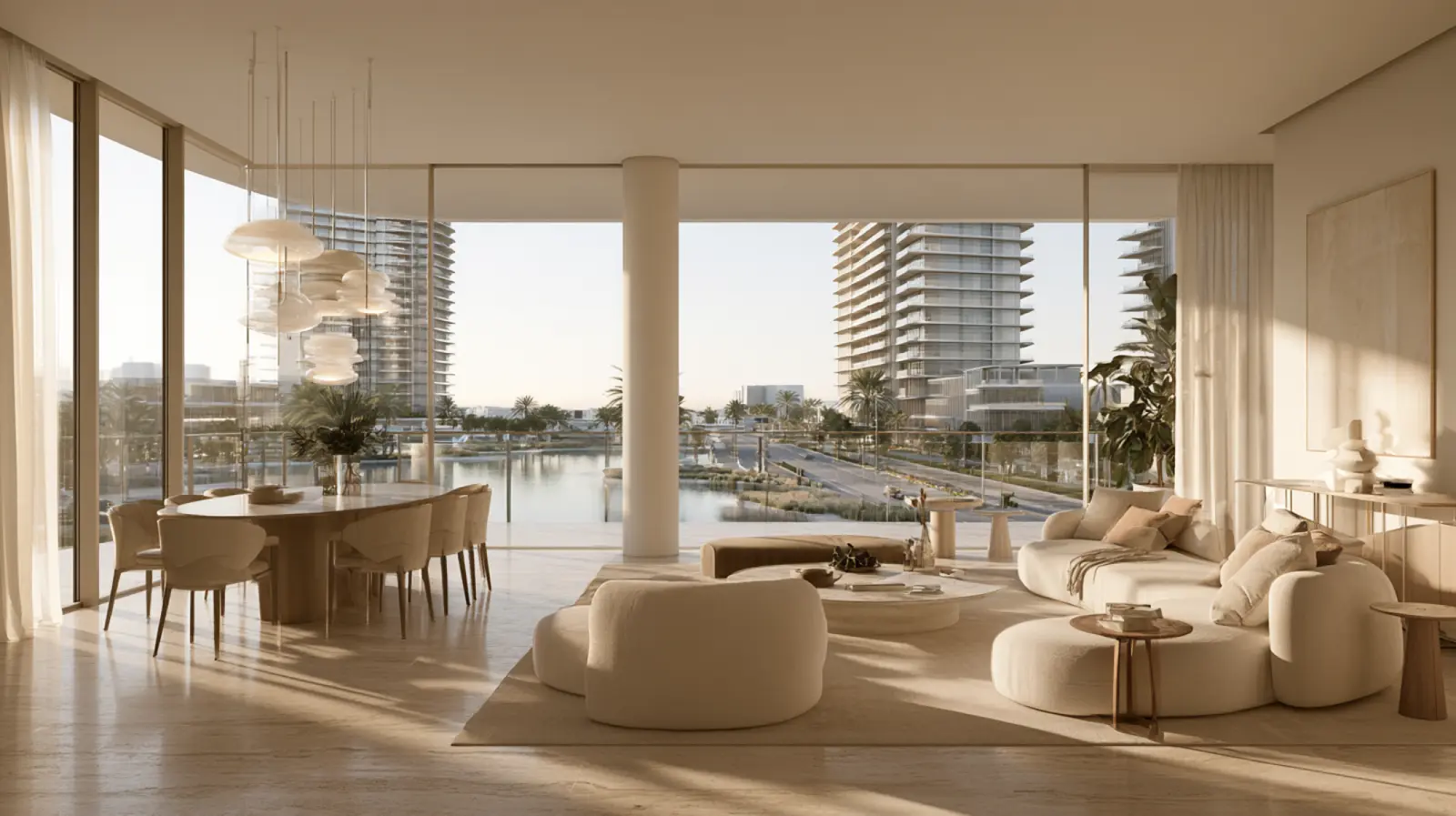 Living room with waterfront view