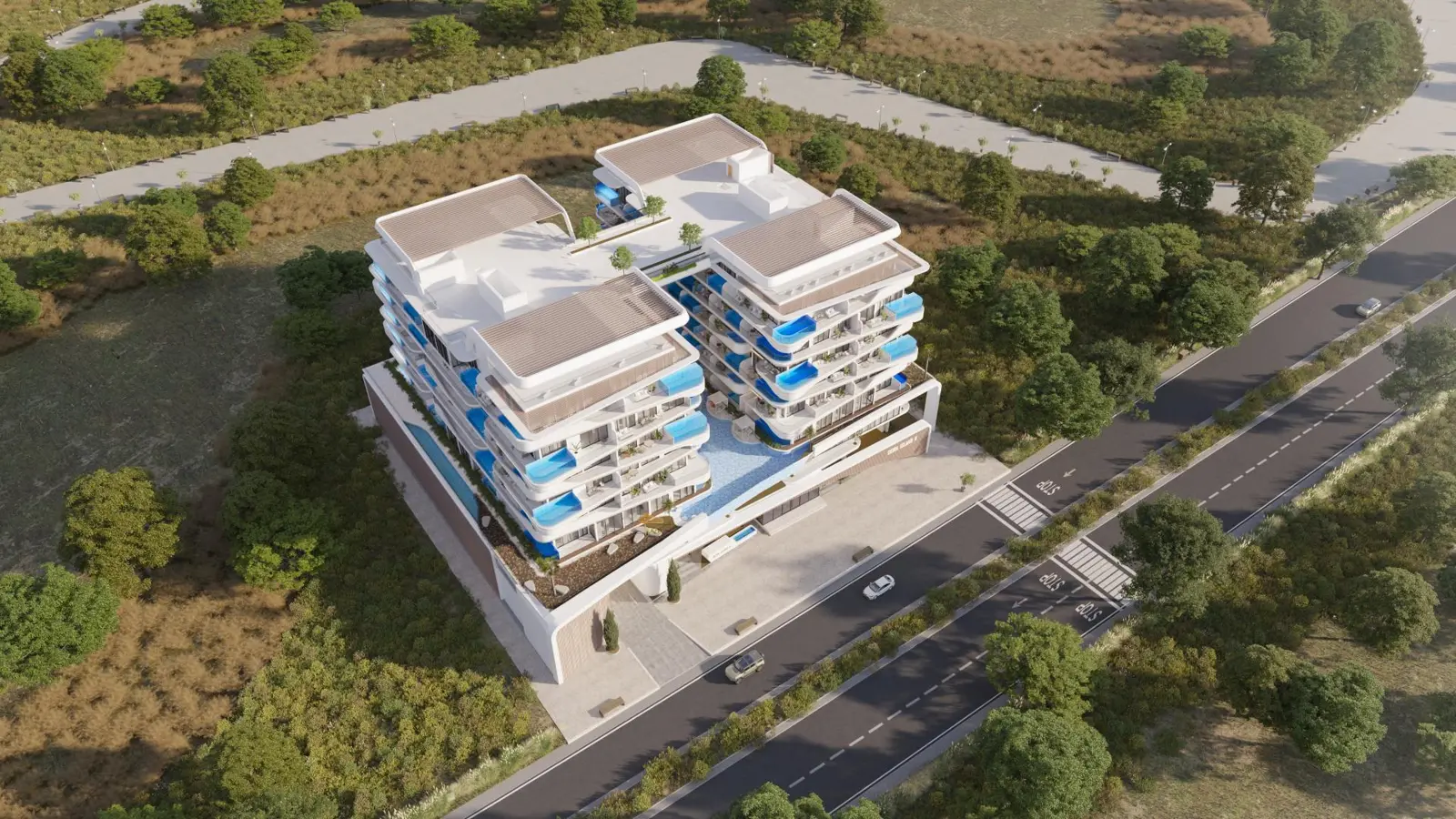 Aerial view of the building beside a road