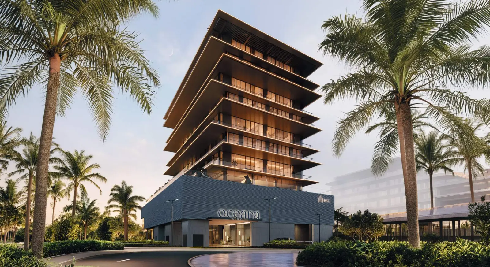 Stepped tower and podium entrance framed by palms