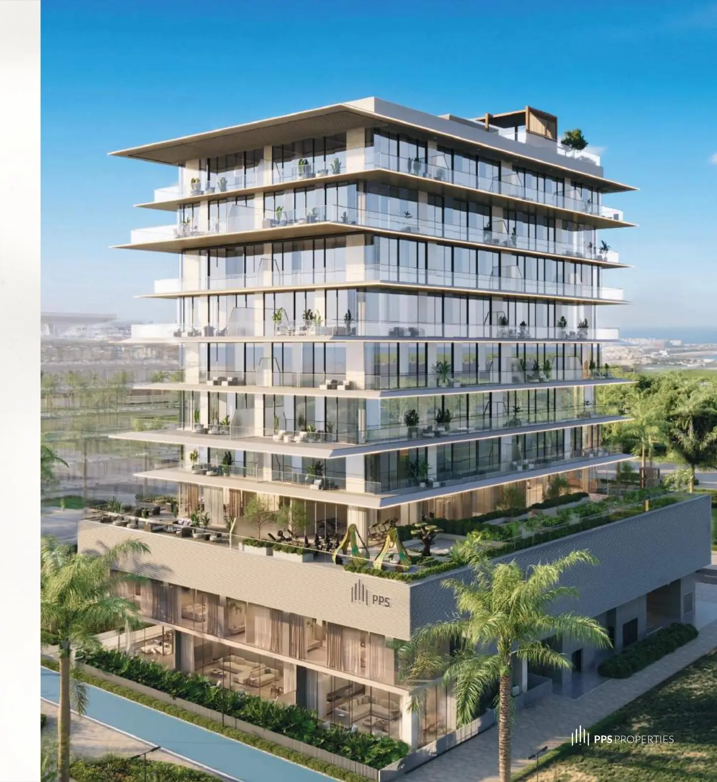 Layered terraces diagram beside tower render